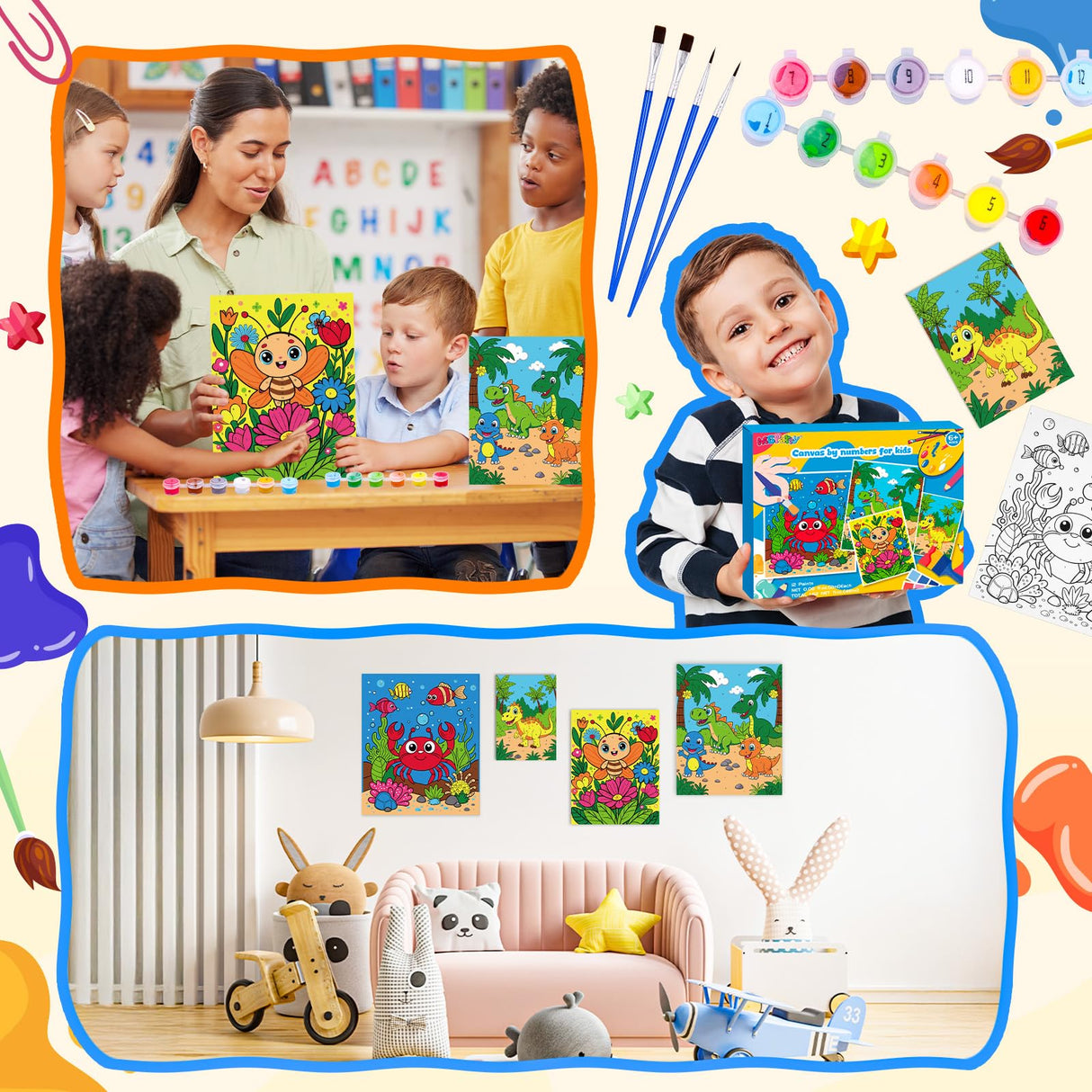 4 Pack Paint by Numbers for Kids Ages 6-8 8-12, Pre-Drawn Canvas Painting Kit with 12 Acrylic Paints & 8 Brushes, DIY Canvas Art Kits for Kids Painting Activities, Classroom Crafts, Wall Decor MGparty