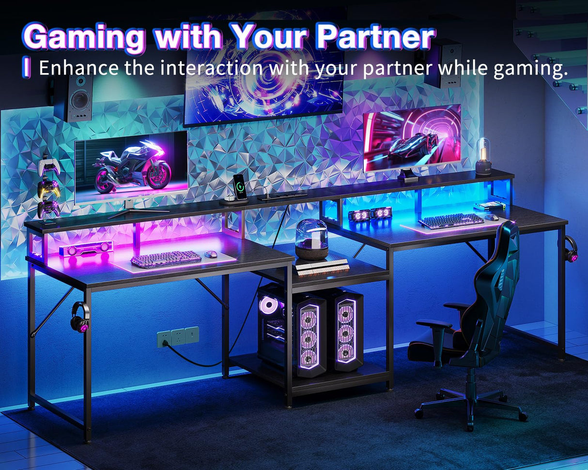 Coleshome 98 Inch 2 Person Gaming Desk with Storage Shelves- Long Double Home Office Computer Desks with USB Charging Port & LED Lights, Writing Desk with Monitor Stand, Modern Study/Work Table, Black Coleshome