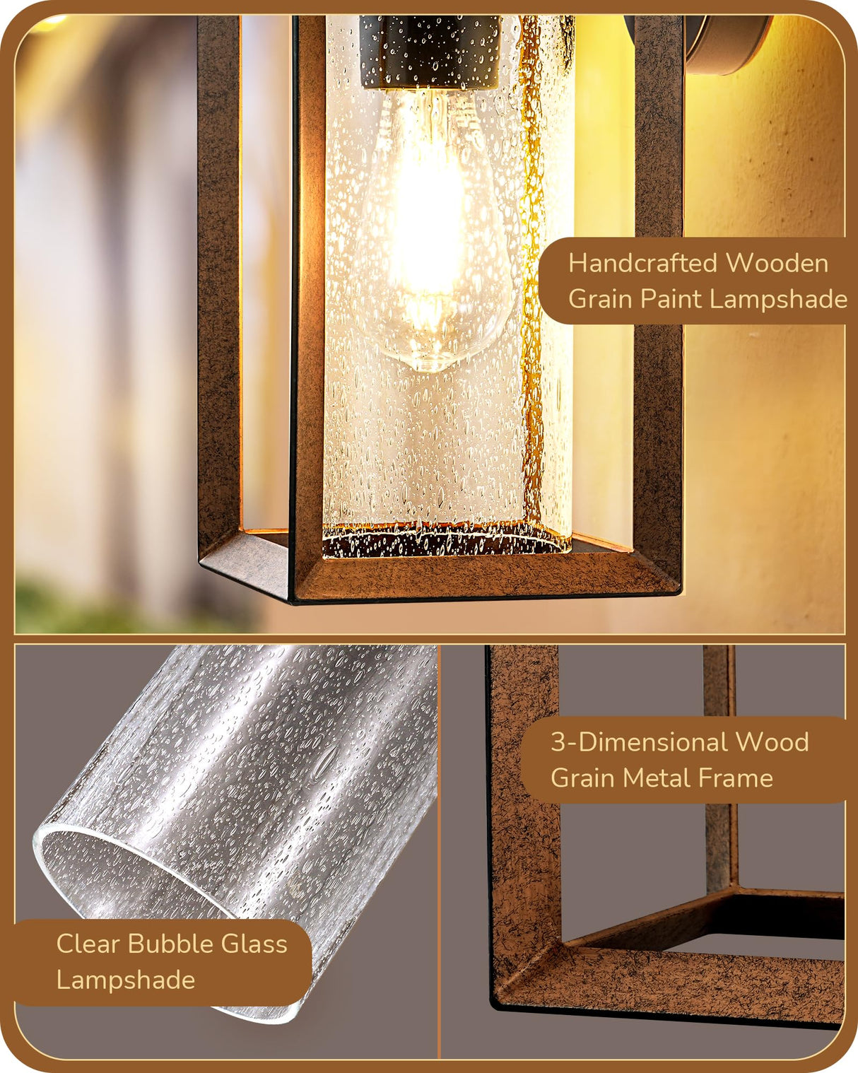 EDISHINE Dusk to Dawn Outdoor Wall Lights, Farmhouse Exterior Lighting Fixtures with Seeded Glass, Wood Grain Finish Porch Light Wall Mount Lantern Waterproof Outside Wall Sconce Lamp, E26 Base EDISHINE