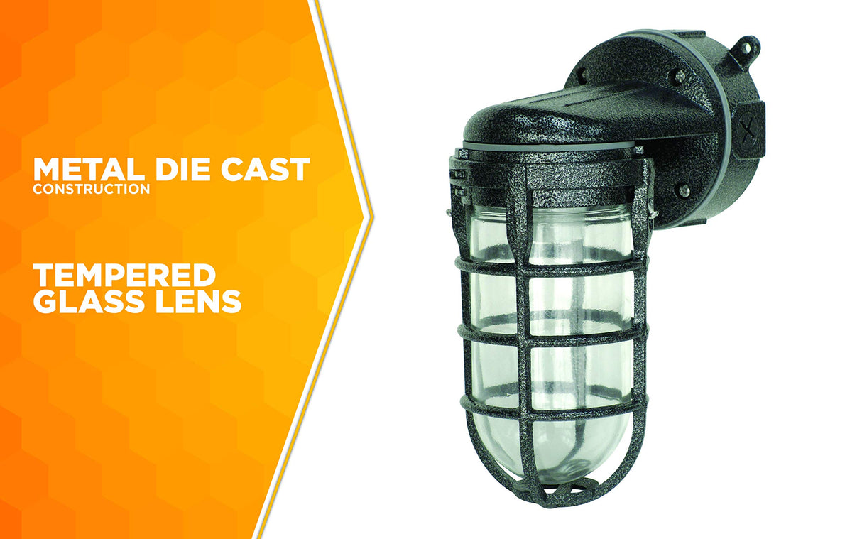 Woods L1707SVBLK Wall Mount Light in Hammered Black Finish Sturdy Die Cast Aluminum Cage; 100 Watt Incandescent; Industrial Design; Suitable for Indoor and Outdoor Use Woods
