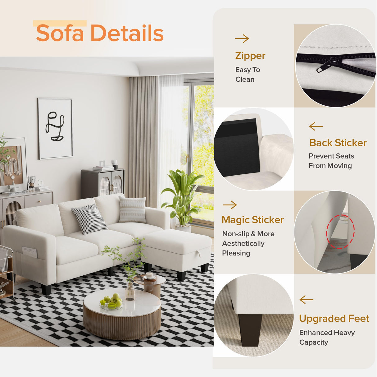 ZeeFu Convertible Sectional Sofa Couch,Classic 3 Seat L-Shaped Sofa Set with Movable Ottoman, Modern Beige Velvet Fabric Upholstered Small Sectional Sofa Couch for Small Apartment Living Room Office ZeeFu