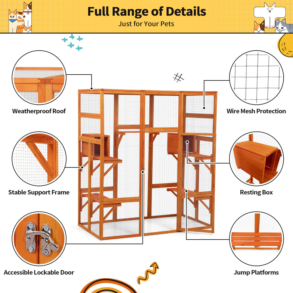 COZIWOW 70" Wooden Extra Large Outdoor Cat Cage Catio with Perche&Condo, Assembled Play Run Cat Enclosure Indoor Kitty Window Kennel with Waterproof Roof, 7 Platforms & 2 Resting Box(Orange) COZIWOW