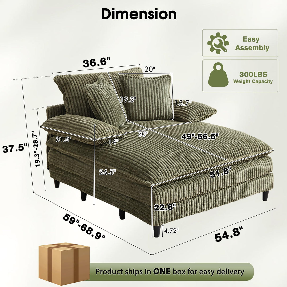 WESTSETLUX 55" W Oversized Chaise Lounge Sofa Couch with 5-Position Adjustable Backrest, Corduroy Sleeper Chair Sofa Bed, Reading Chair with Deep Seat, Cloud Couches for Living Room, Bedroom, Green WESTSETLUX