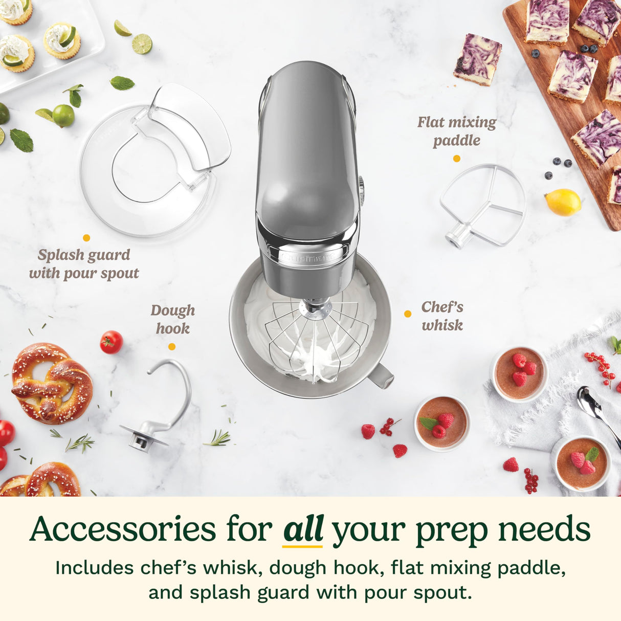 Cuisinart Stand Mixer, 12 Speeds, 5.5-Quart Mixing Bowl, Chef's Whisk, Flat Mixing Paddle, Dough Hook, and Splash Guard with Pour Spout, Silver Lining, SM-50BC, Silver Lining Cuisinart