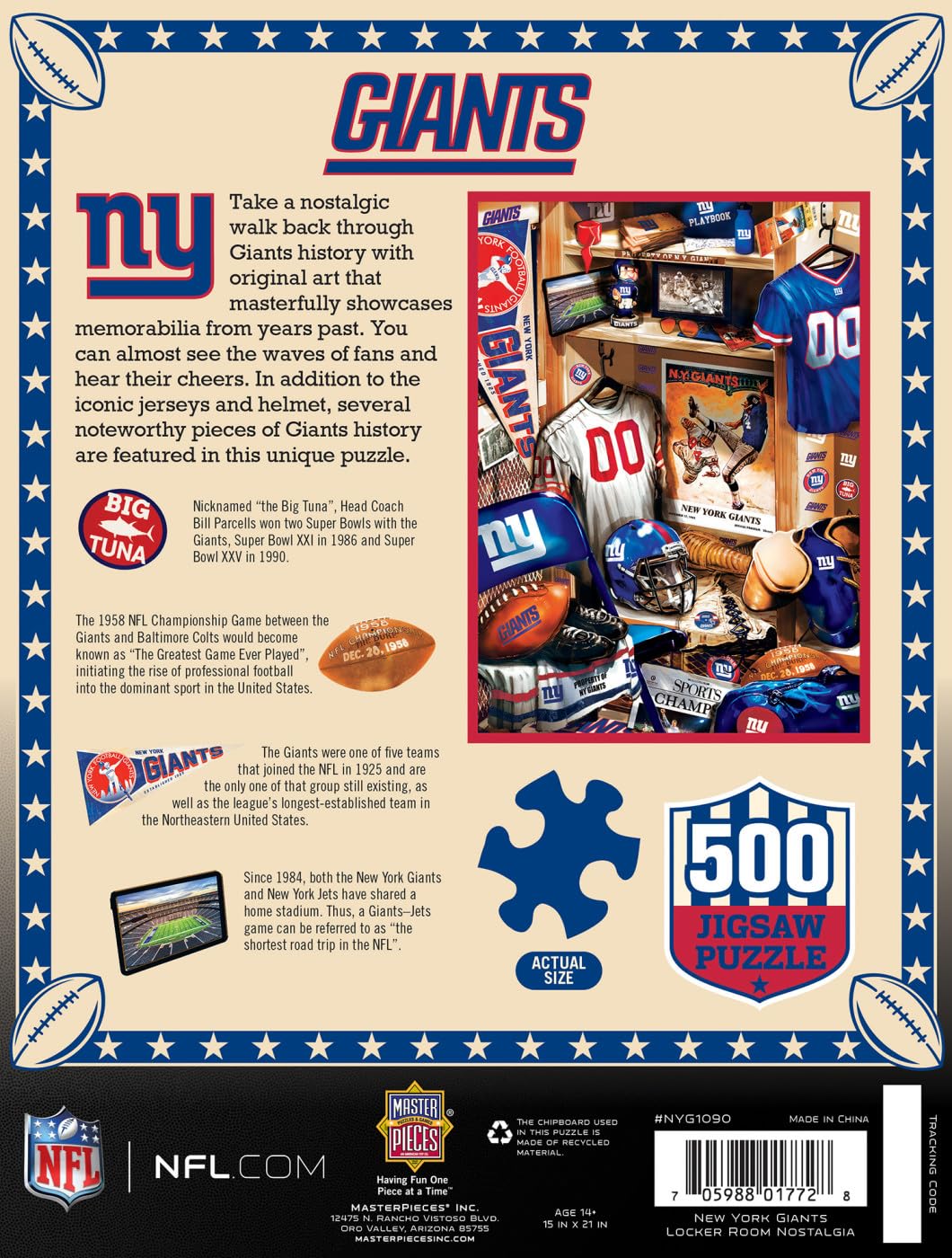 MasterPieces Game Day 500 Piece Jigsaw Puzzle for Adults - NFL New York Giants Locker Room - 15"x21" Masterpieces