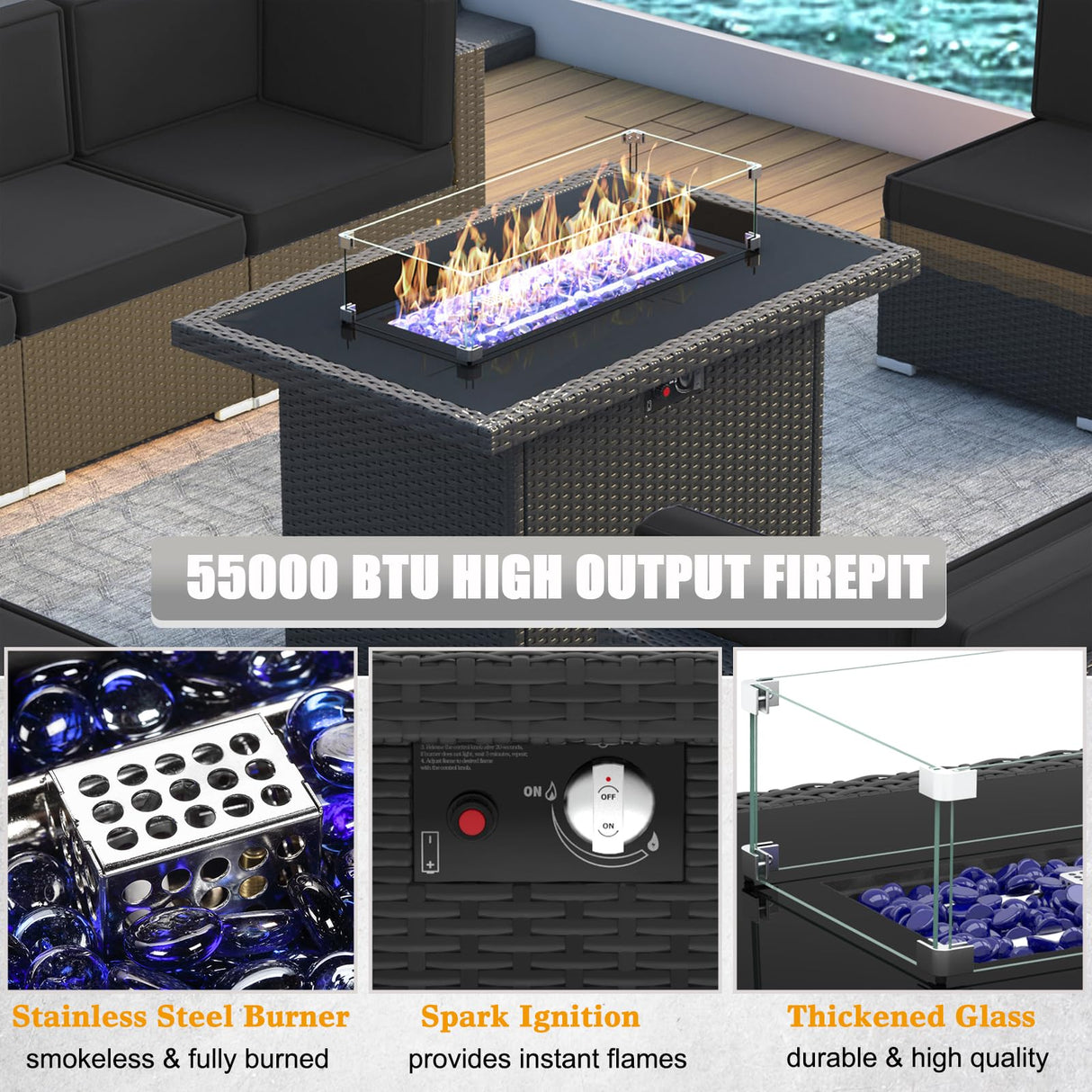 LayinSun 10 Piece Patio Furniture Set with 44" Propane Gas Fire Pit Table, Outdoor Sectional Conversation Set Wicker Rattan Sofa Set with Coffee Table LayinSun