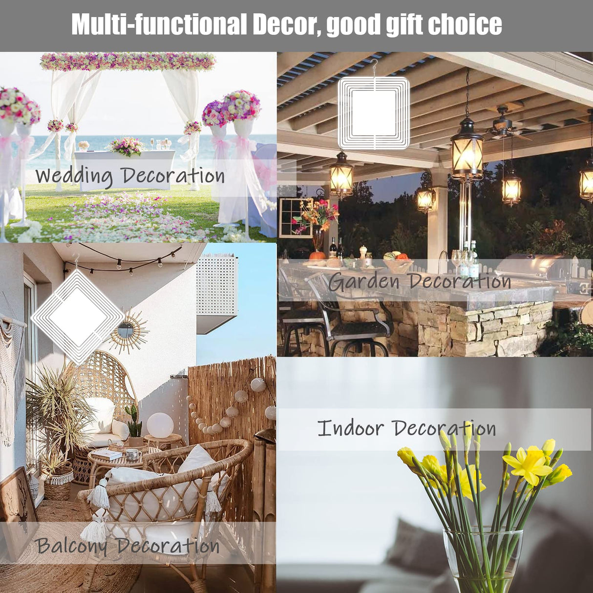 WindMage 4Pack 8inch Sublimation Wind Spinner Blanks 3D Aluminum Metal Wind Sculpture Kinetic Spinners for Yard and Garden Indoor Art Ornaments Hanging Decoration (Square) WindMage