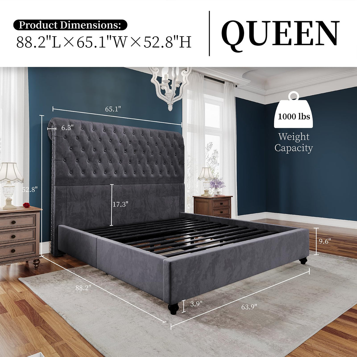 PaPaJet Bed Frame Queen Size Upholstered Platform Bed with 52.8'' Tall Sleigh Headboard, Button Tufted, No Box Spring Needed, Easy Assembly, Dark Grey PaPaJet