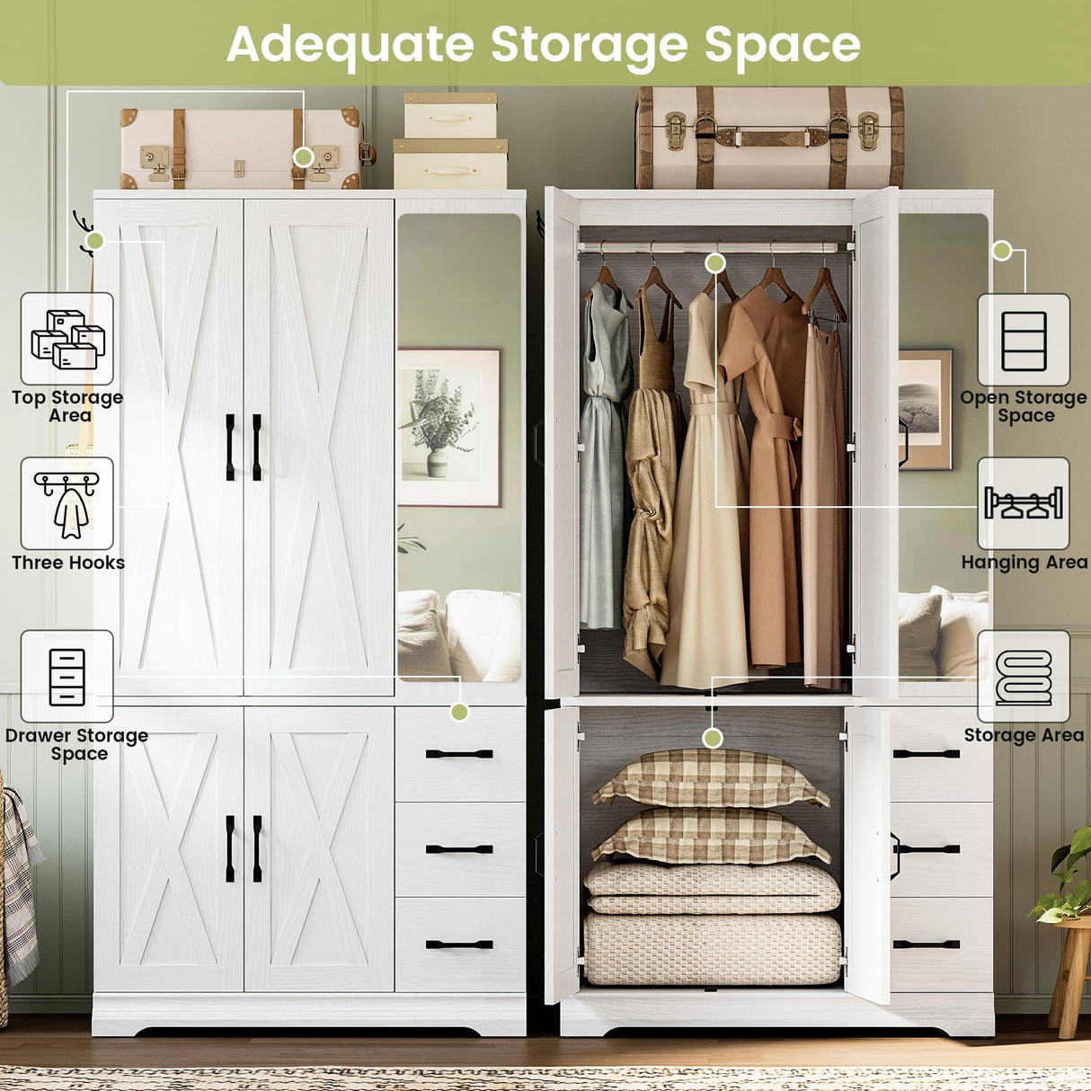 ANCTOR Armoire Wardrobe Closet with Mirror, 70.9" H × 36.2" W, Bedroom Armoires with 4 Doors, 3 Drawers and Shelves, Large Clothing Storage Cabinet for Hanging Clothes, White ANCTOR