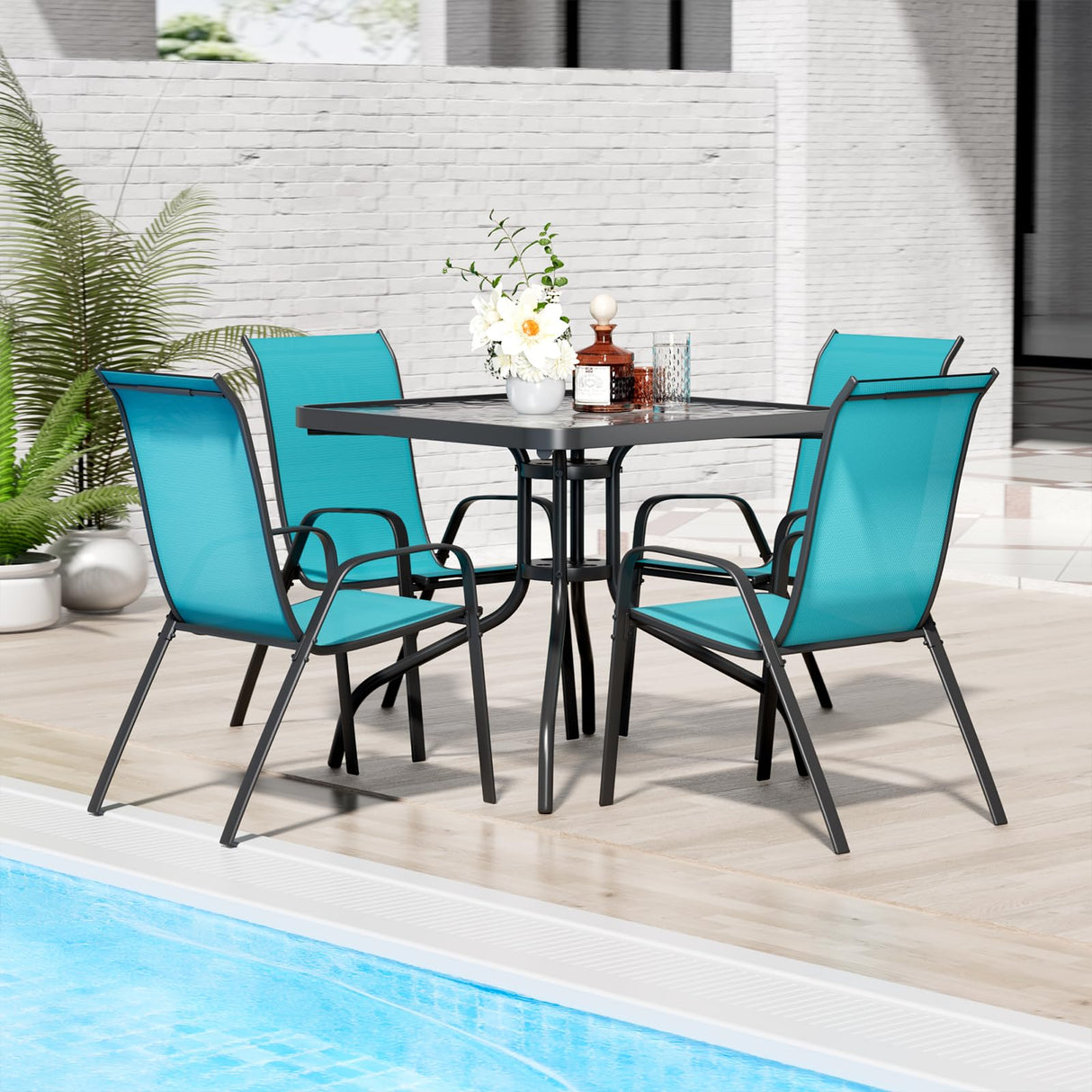 TLSUNNY Patio Dining Set 5 Pieces, All Weather Outdoor Furniture W/30"X 30" Table and 4 Stackable Textilene Chairs, Metal Table and Chairs for Lawn, Garden, Poolside, Backyard (Umbrella not Included) TLSUNNY