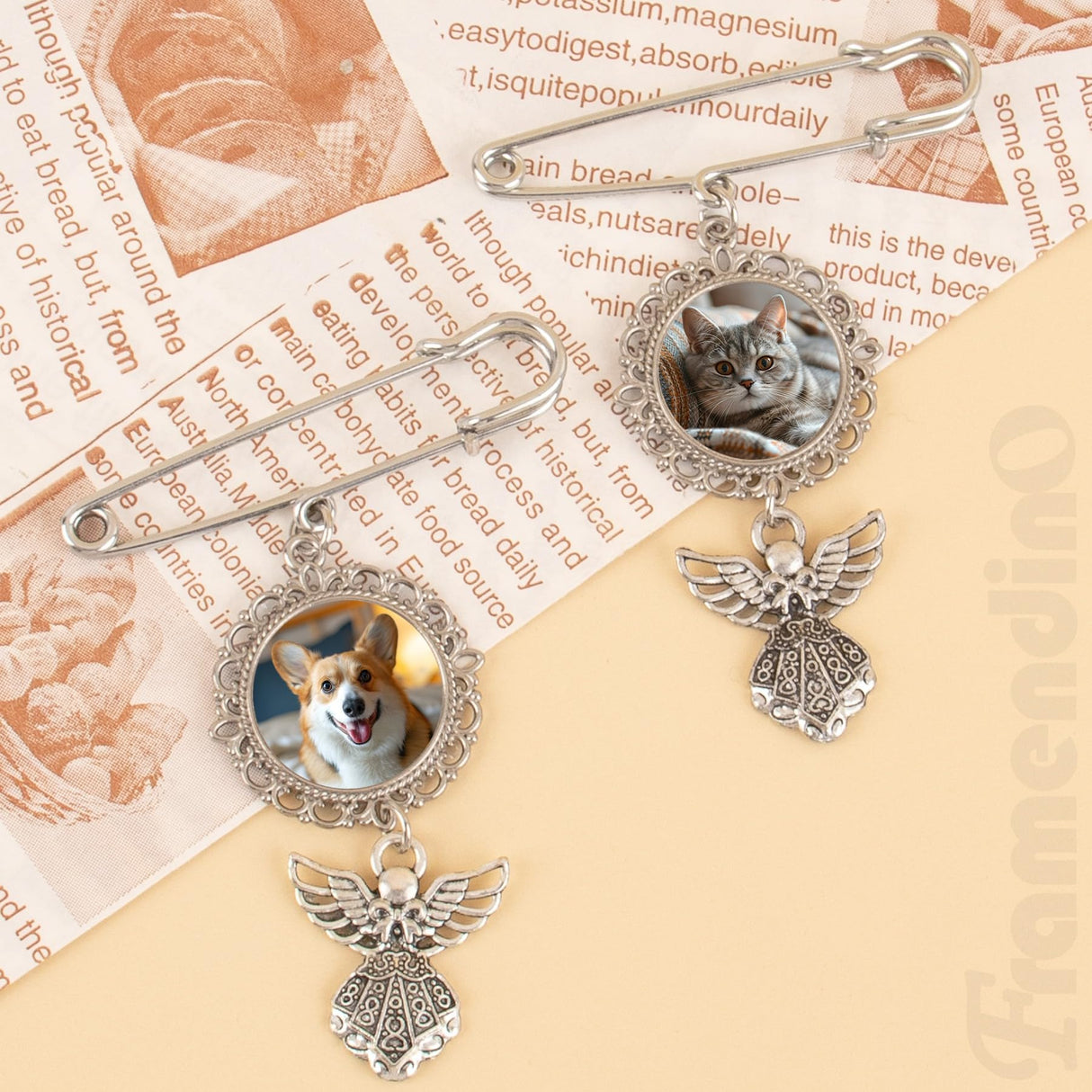 Framendino, 4 Pack Sublimation Blank Bouquet Photo Charms Pin Pouch with Angel Pendant Wedding Memory Bridal Bouquet Picture Charm Clip Bouquet Memorial Charm DIY Jewelry Making 1 Sheet Round Framendino