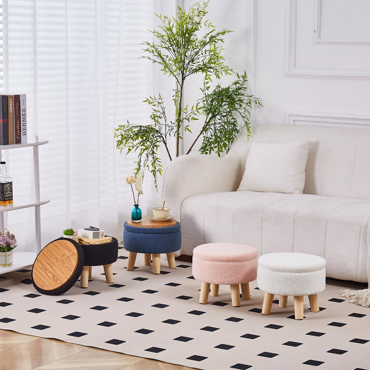 Wimarsbon Storage Ottoman, Modern Round Footrest with Soft Padded Seat, Teddy Velvet Footstool with Wood Legs, Accent Small Table or Plant Stand for Hallway, Living Room (Cream) Wimarsbon