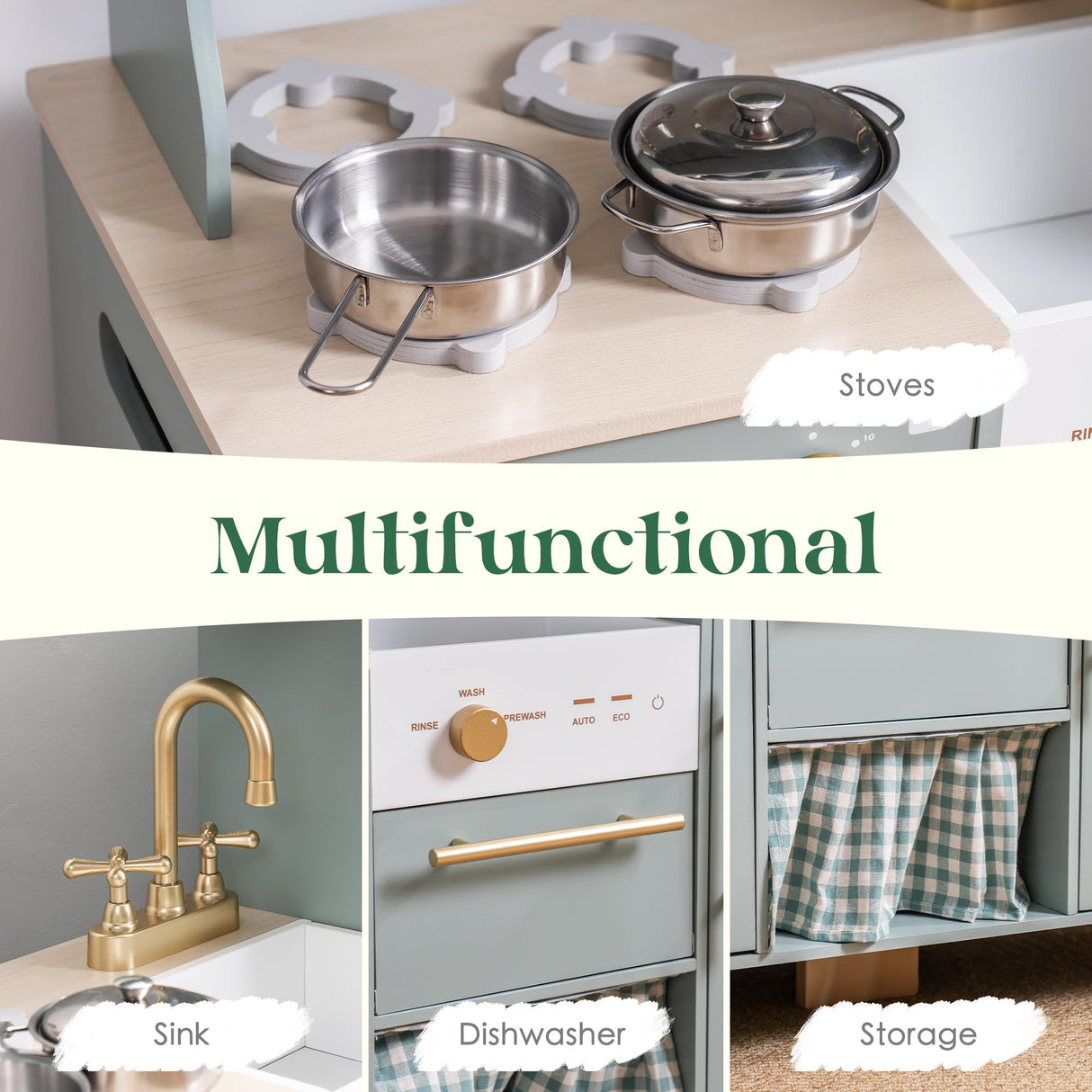 ROBUD Play Kitchen Set, Wooden Play Kitchen with Ice Maker, Fridge, Coffee Machine, Oven, Dishwasher, Microwave, Kitchen Accessories, Toy Kitchen Gift for Boys Girls, 3+ ROBUD