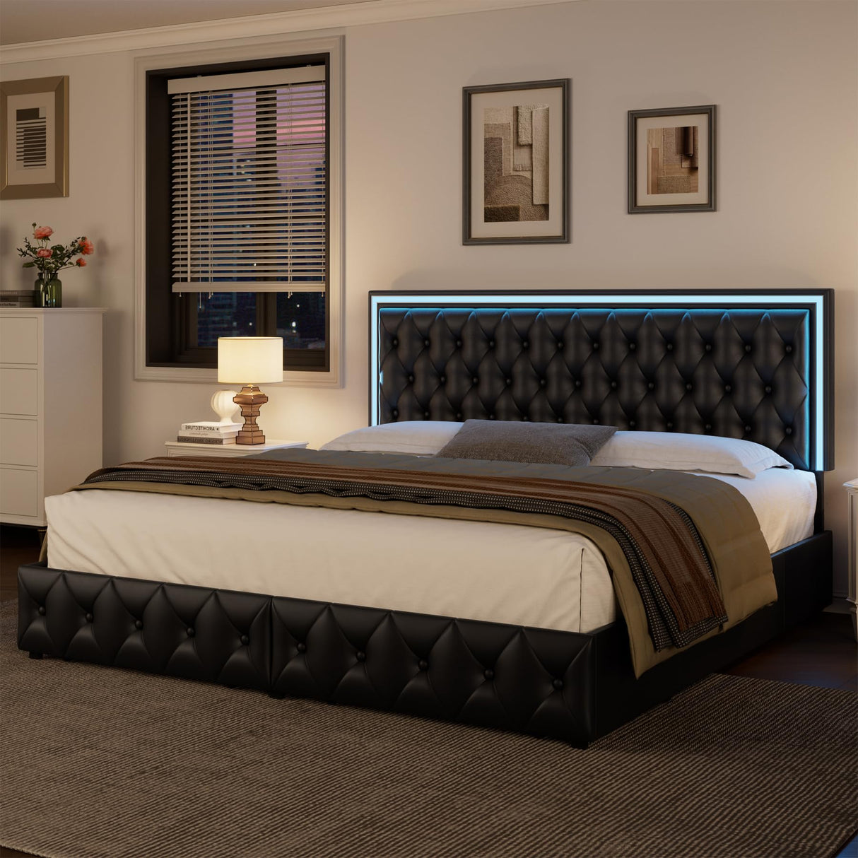 Keyluv Queen Upholstered LED Bed Frame with 4 Storage Drawers and Adjustable Tufted Headboard, Black Keyluv