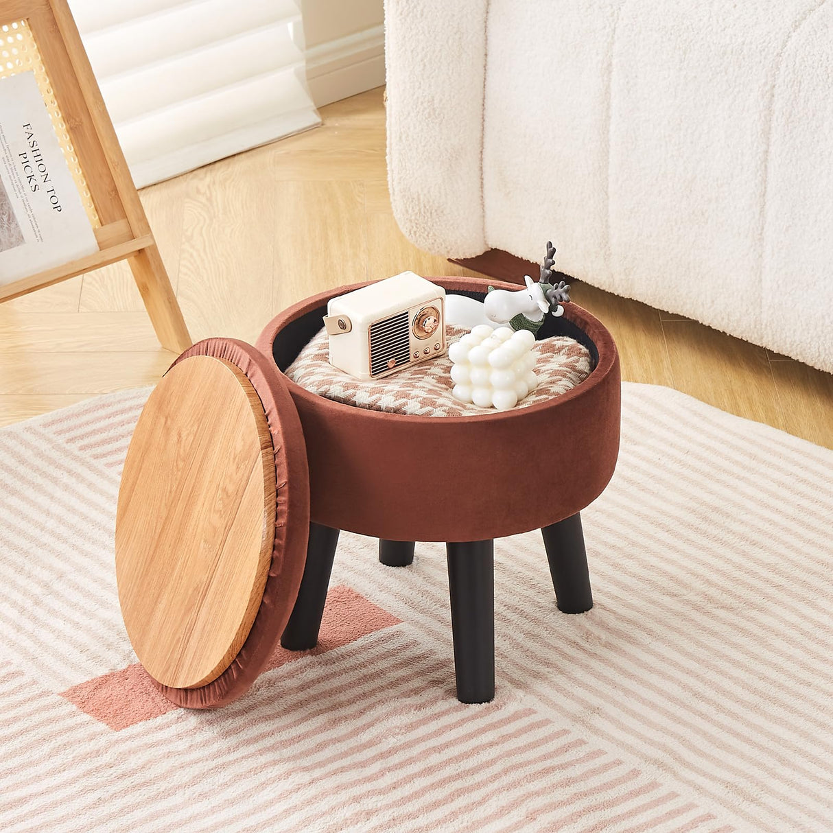 Cpintltr Storage Ottoman Footstool Round Footrest with Removable Lid Soft Padded Foot Stool with Solid Wood Legs Side Table with Storage Step stool Extra Seating for Hallway Living Room Bedroom Coffee Cpintltr