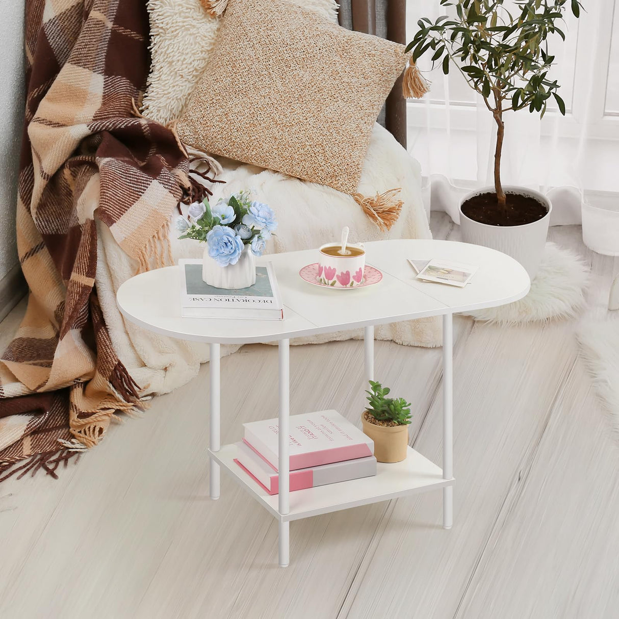 OYEAL White Coffee Table for Living Room, Small Oval Coffee Table with Storage and Wood Tabletop, Mid Century Round Center Table for Small Space, Home Office OYEAL