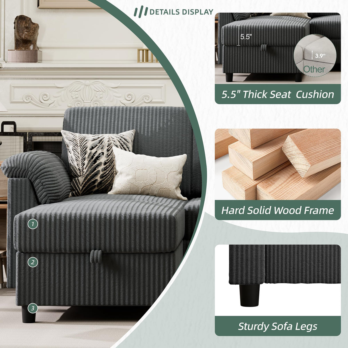 Vongrasig 79" Convertible Sectional Couches Sofa with Storage Ottoman, 3 Seat L Shaped Couch with Side Storage Pockage, Linen Fabric Small Couches for Living Room, Apartment and Small Space, Grey Vongrasig