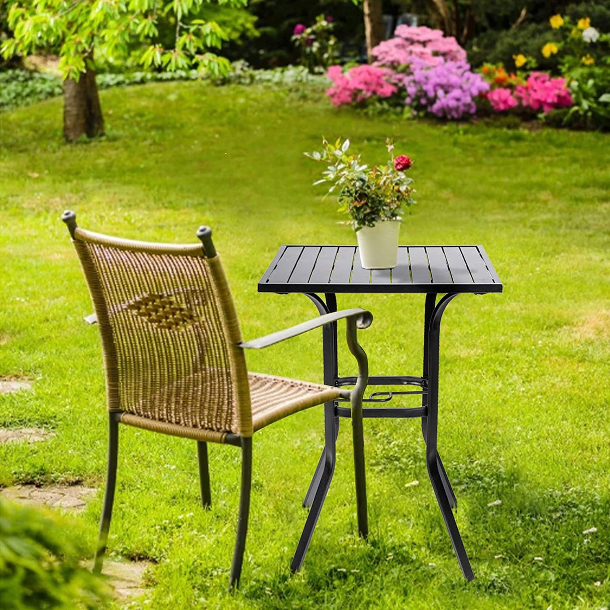 Omelaza Patio Height Bar Table, Outdoor Bistro Square High Top Dining Table with 1.57'' Umbrella Hole & Steel Slat Table Top (Black) Omelaza