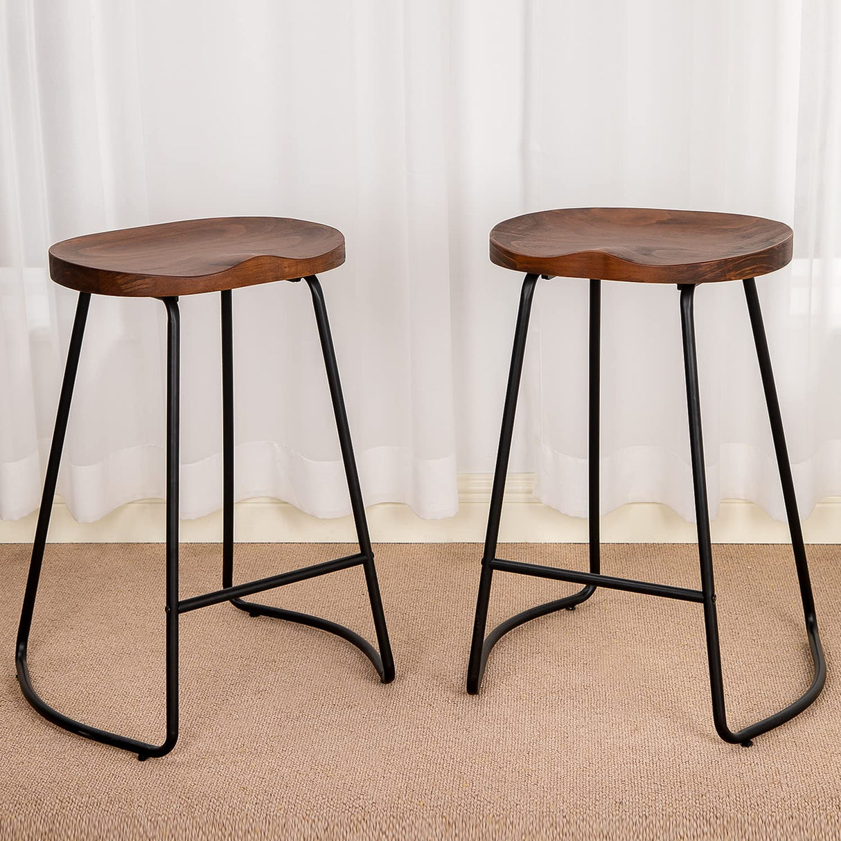 HeuGah Bar Stools, Solid Wood Barstools Set of 2, 26" Counter Height Bar Stools with Metal Leg, Rustic Backless Bar Stools for Kitchen Island, Bar Chairs with Solid Wood Saddle Seat (Walnut, 26 Inch) HeuGah