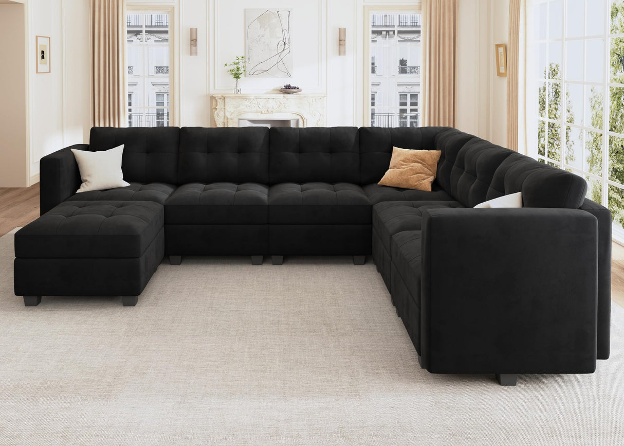HONBAY Modular Sectional Sofa Oversized U Shaped Couch with Storage Seat Velvet 7-Seat Modular Sofa with Reversible Chaises,Velvet Black HONBAY