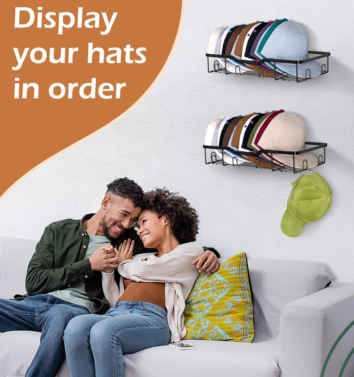 KEETDY Metal Hat Racks for Baseball Caps Wall Hat Organizer Fit 20 Caps Holder, 2 Packs Sturdy Wall Mounted Hat Storage Organizer, Black, Patent: US D1,041,201 S KEETDY