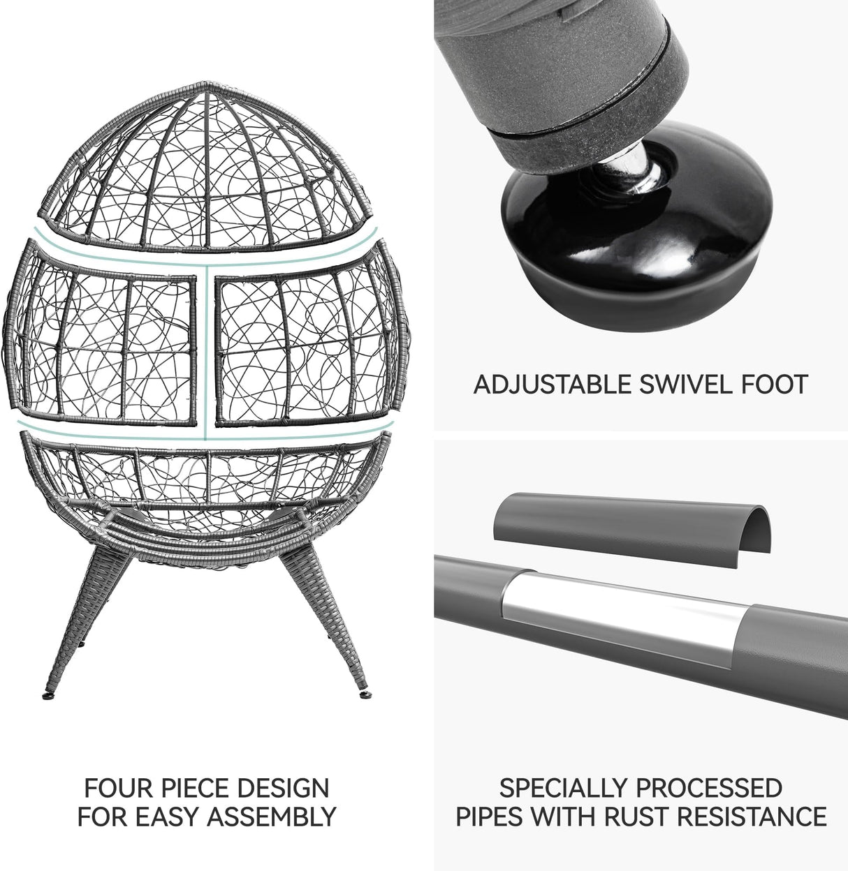 YITAHOME Egg Chair Wicker Outdoor Indoor Oversized Large Lounger with Stand Cushion Leveling Feet Egg Basket Chair 330lbs Capacity for Patio, Garden, Backyard, Balcony-Grey YITAHOME