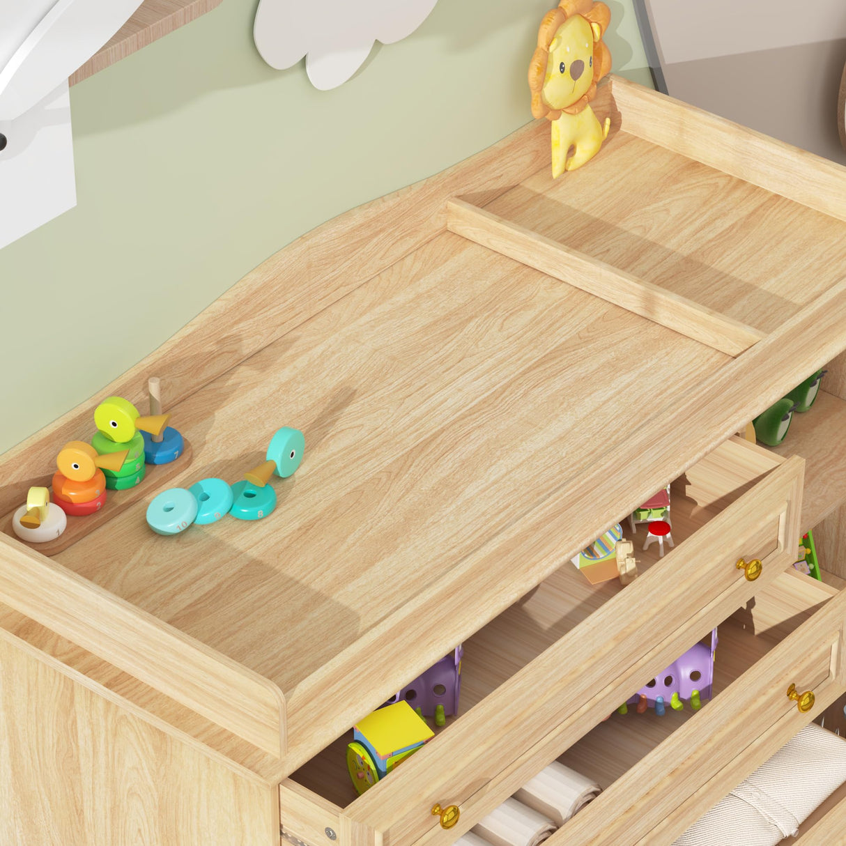 St.Mandyu Wood Changing Table Dresser, Baby Nursery Dresser, Baby Diaper Changing Table, 5 Drawers, Adjustable Shelves, Metal Handle, Curved Wrapping Design, Nature St.Mandyu