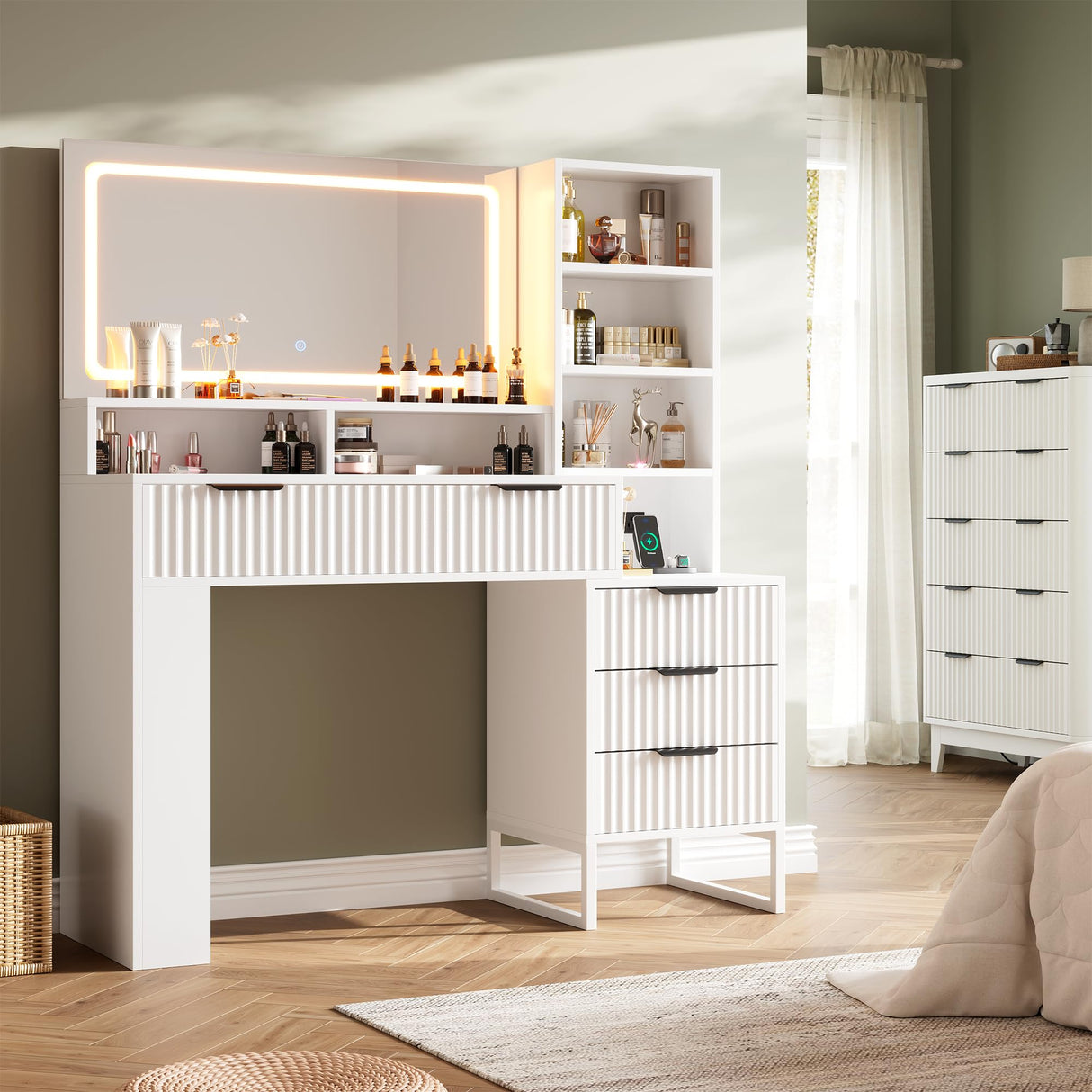 HAIOOU Fluted Vanity Desk with Mirror and Lights,48" Large Makeup Vanity Desk with Charging Station,Dressing Table with 4 Drawers & 3 Open Storage Shelves, Glass Top for Bedroom, White HAIOOU