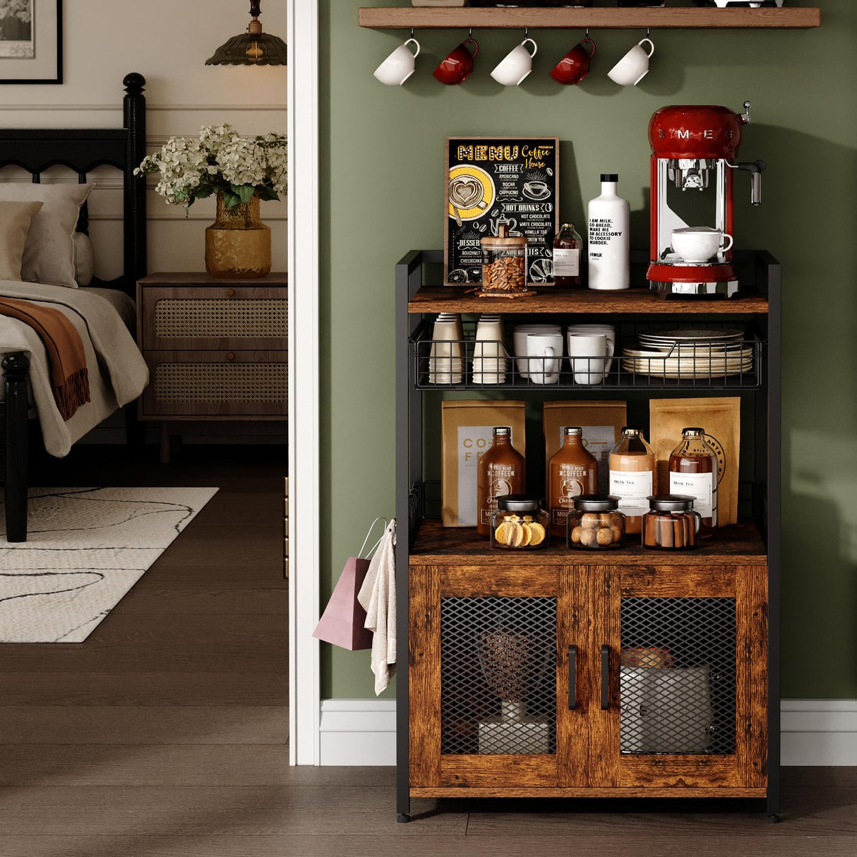 Hencawima Coffee Bar Cabinet, 3 Tier Coffee Station Table on Wheels, 35.9" H Bar Cart with Wire Basket Drawer & 5 Hooks for Home Kitchen, Liquor Buffet Sideboard Cabinet (Rustic Brown) Hencawima