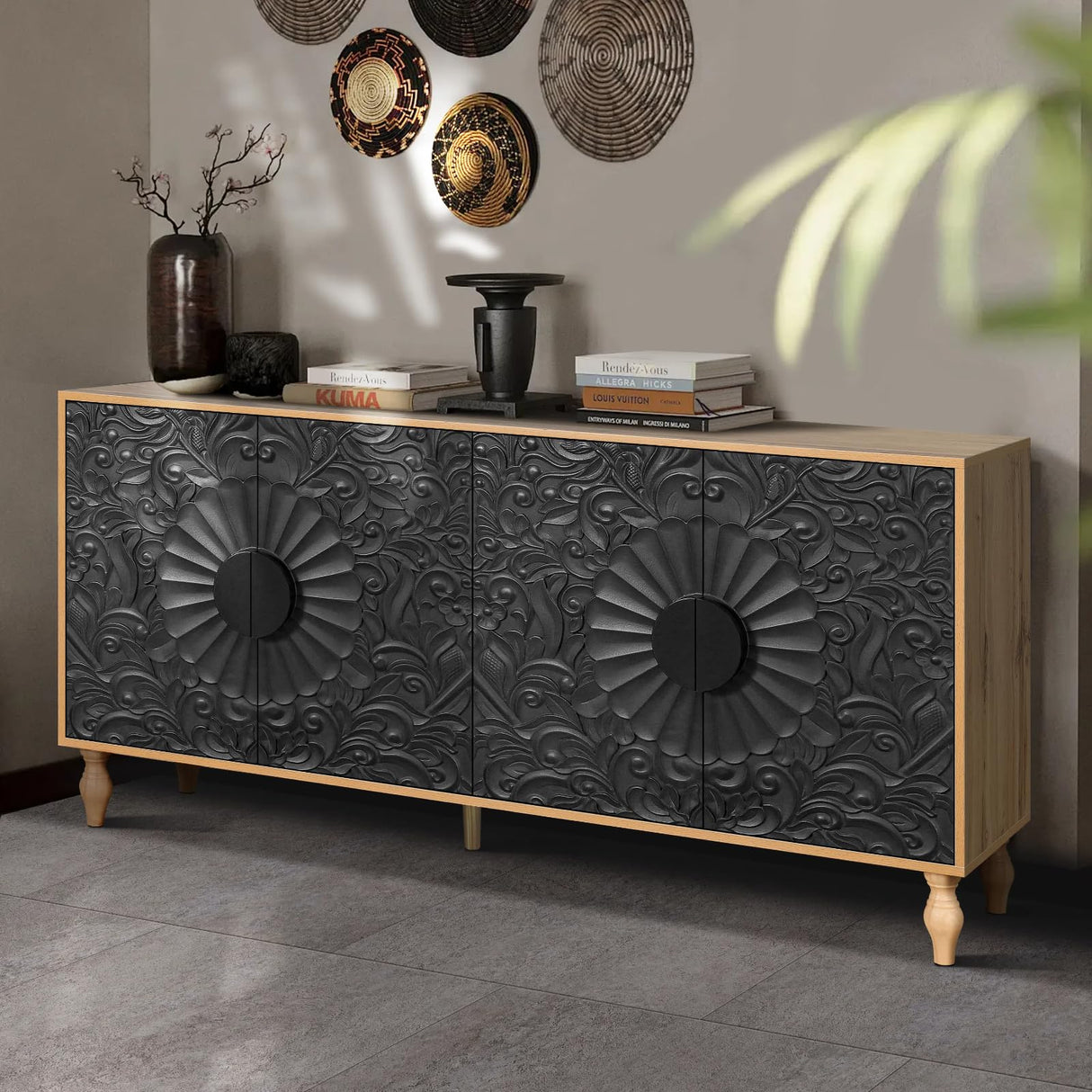 WILSHINE Sideboard Buffet Credenzas for Living Room, 63" Black Entryway Table with Storage Accent Cabinet, Carved Flowers Doors & Wire Holes WILSHINE