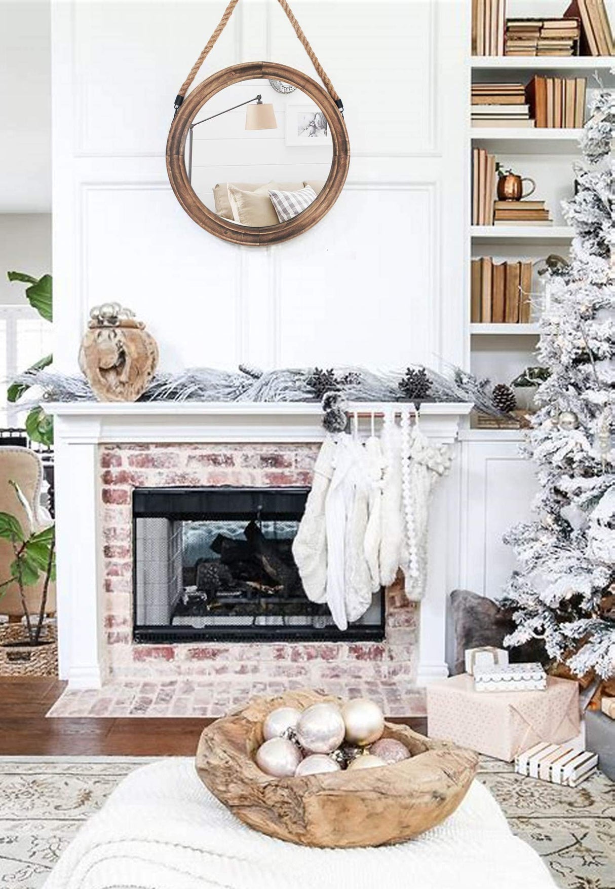 Funly mee 16.2 Inch Rustic Round Decorative Mirror with Solid Wood Frame&Rope Hanging,Farmhouse Antique Wall Decor (L) Funly mee