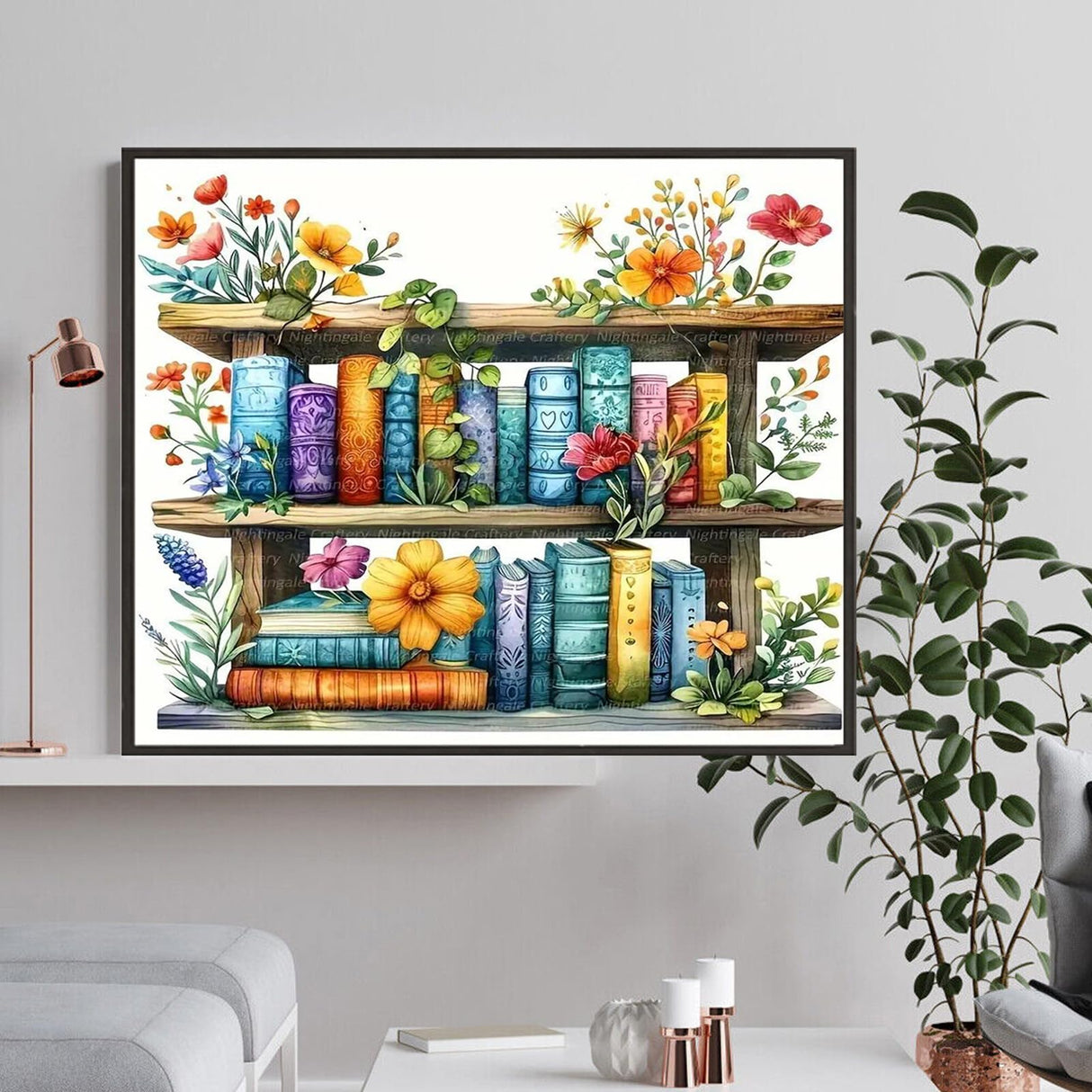 1tonine Flowers Bookshelf Diamond Art Painting Kits for Adults- 5D DIY Diamond dots for Beginners -Full Drill Round Diamond Gem Painting Kit Classroom Wall Art Decor Handmade Gift 1tonine