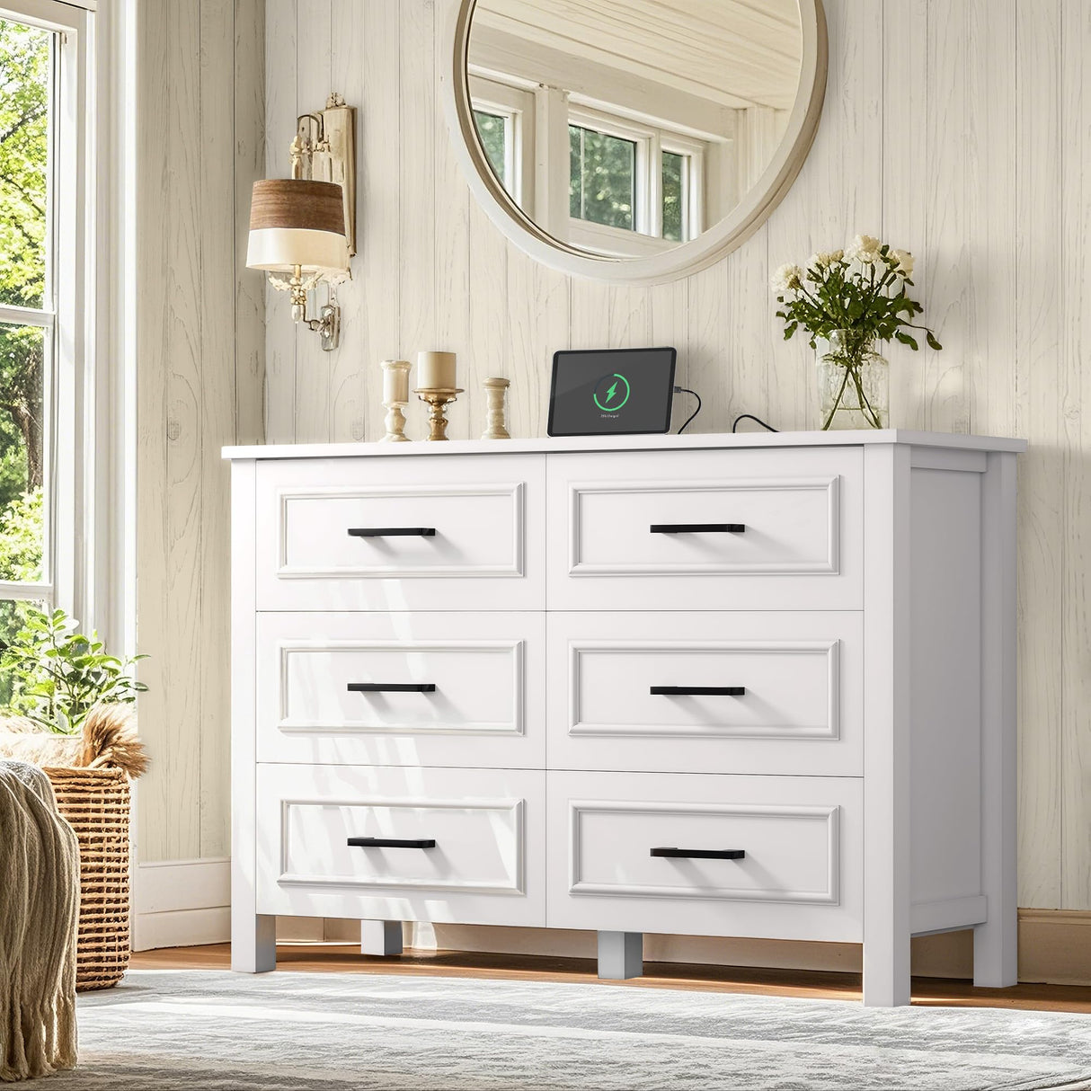 YITAHOME 6-Drawer Dresser with Built-in Power Outlet, Wood TV Stand with 6 Large Drawers and Bar Handles, White Dresser Chest of Drawers for Living Room, Hallway, Entryway YITAHOME