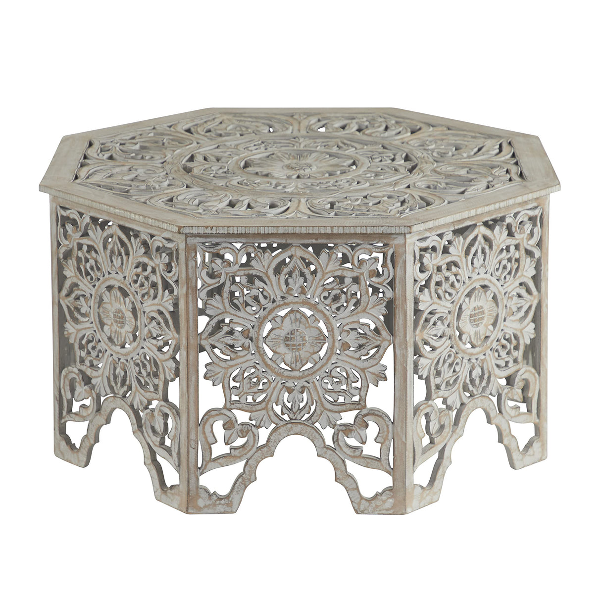 Deco 79 Wooden Floral Handmade Living Room Coffee Table Intricately Carved Table with Hollow Interior, Center Table 33" x 33" x 18", Light Gray Deco 79