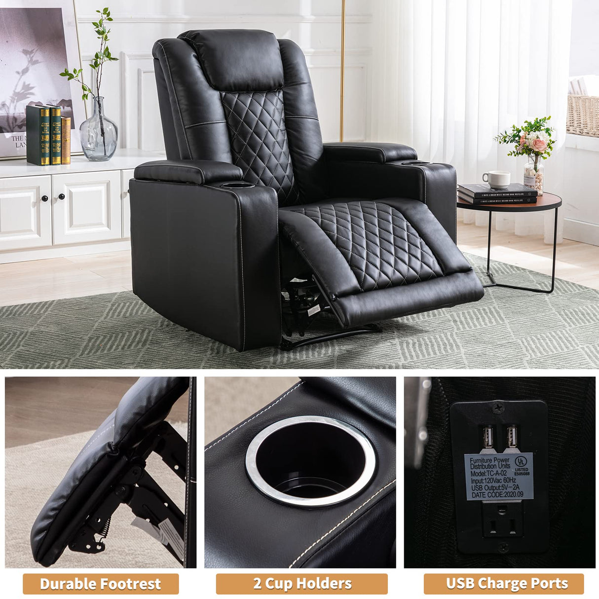 ANJ Electric Power Recliner Chair Soft Leather Reclining with USB Ports and Cup Holders, Black Home Theater Seating with Hidden Arm Storage Movie & Media Room Chairs ANJ