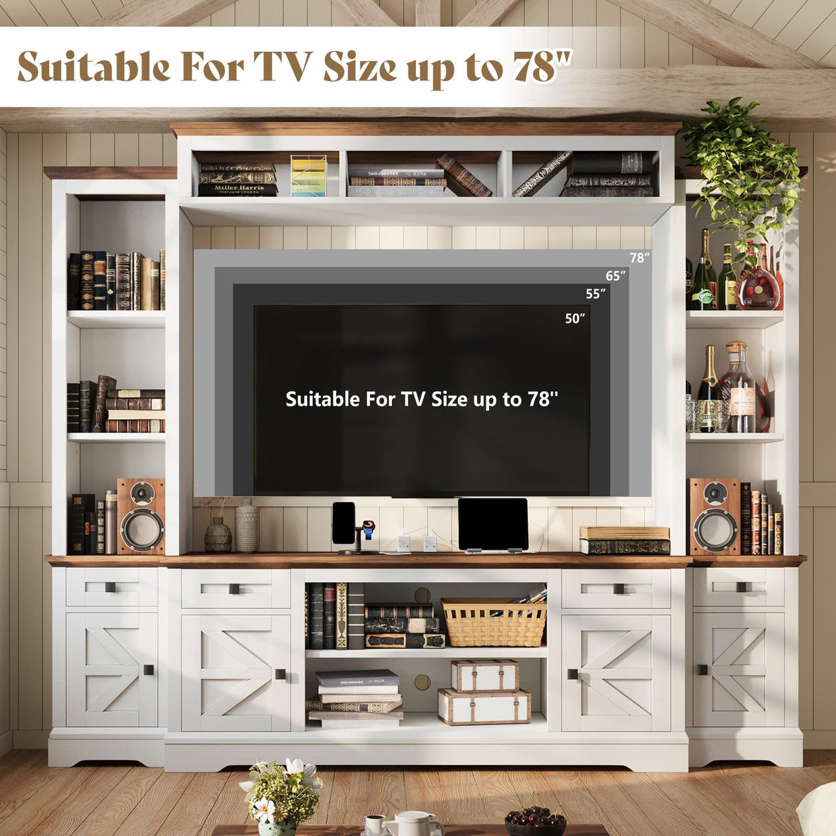 AMERLIFE 98in Farmhouse Wall Unit TV Stand with Bookshelves, Wine Cabinet, Fits 78" TVs, Large Entertainment Center with Power Outlets & Barn Door, Rustic Media Console for Living Room, White AMERLIFE