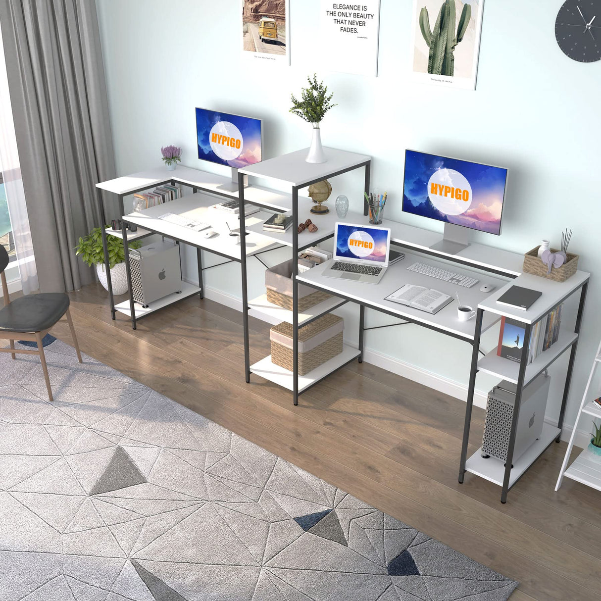 Extra Long White Double Computer Desk with Storage Shelves & Monitor Stand by HYPIGO HYPIGO
