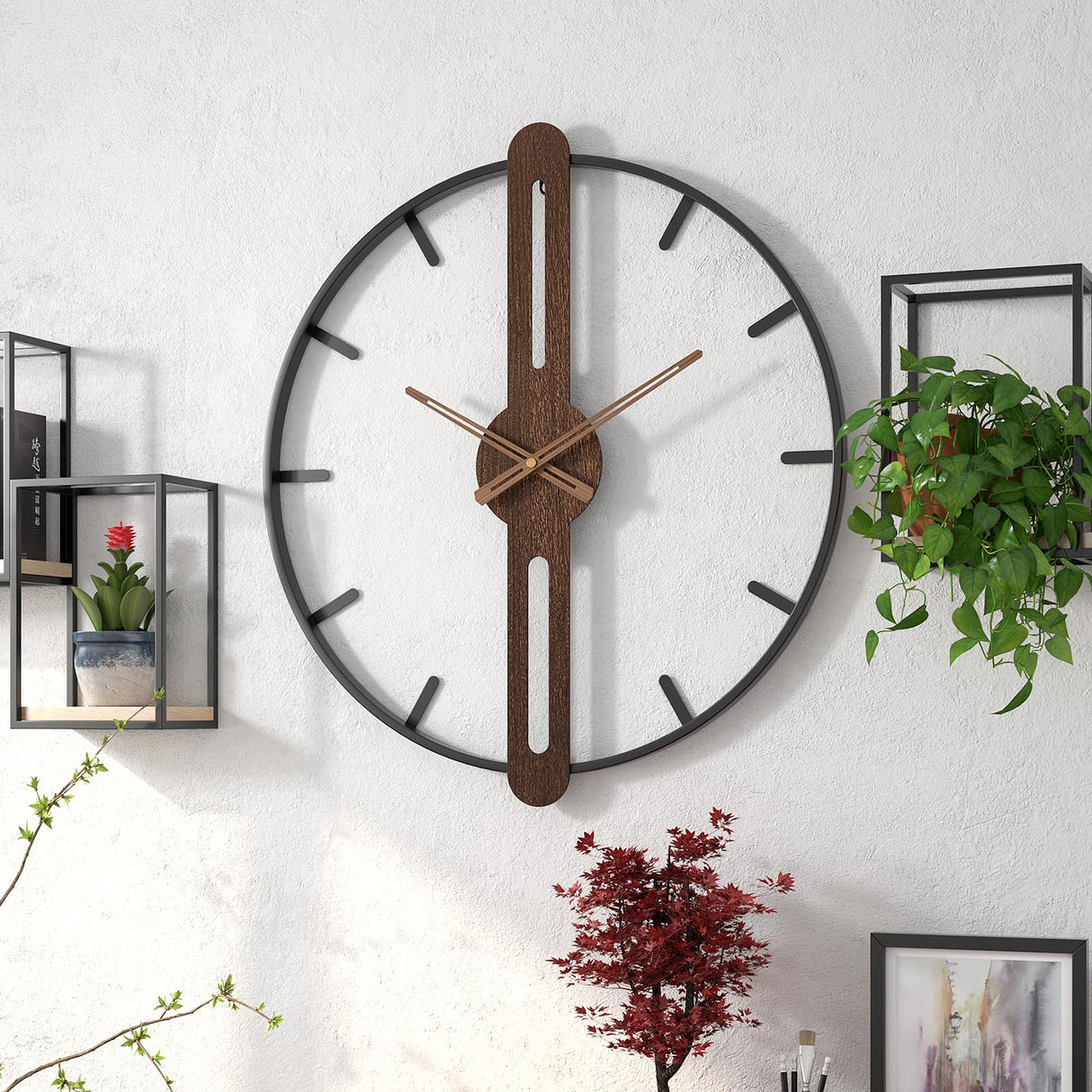 DAYDAYART Modern Walnut Dial Wall Clock, Wood Large Wall Clock Decor Metal Frame Silent Non Ticking for Living Room, Bedroom, Kitchen, Study Decoration, Handmade Home Present Idea, 24 in (60 cm) DAYDAYART