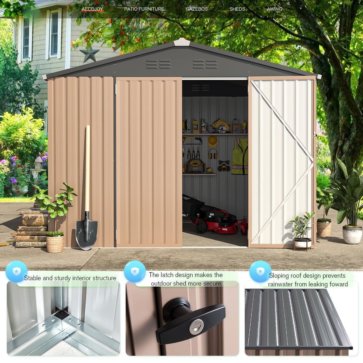 AECOJOY 8' x 6' Metal Storage Shed for Outdoor, Steel Backyard 6x8 Sheds & Outdoor Storage with Lockable Doors, Utility and Tool Storage for Garden, Backyard, Patio, Outside use AECOJOY