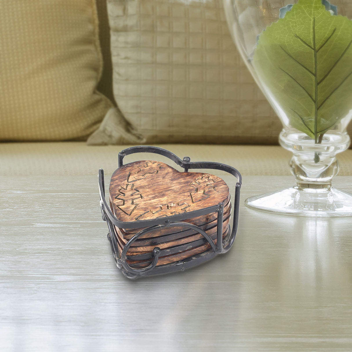 Stonebriar Rustic Wooden Heart Shape Coaster Set with Metal Holder, Set of 6, Brown, 7 Piece Stonebriar