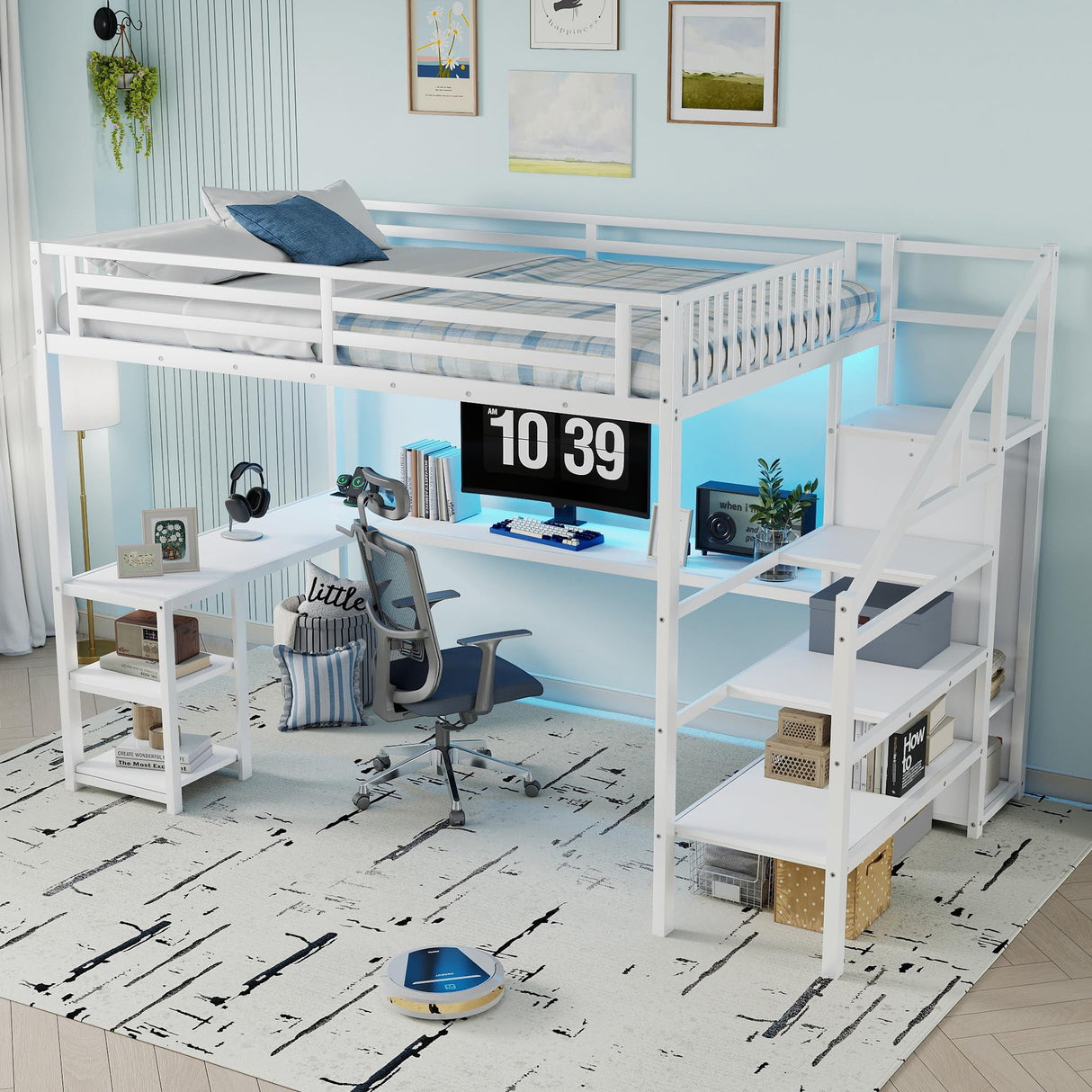 Queen Size Loft Bed with Desk and Stairs, Gaming Loft Bed with RGB LED Light and Storage, Heavy-Duty Metal Loft Beds Frame with Wardrobe, Shelves and Charging Station for Adults Kids Teens, White Mirightone