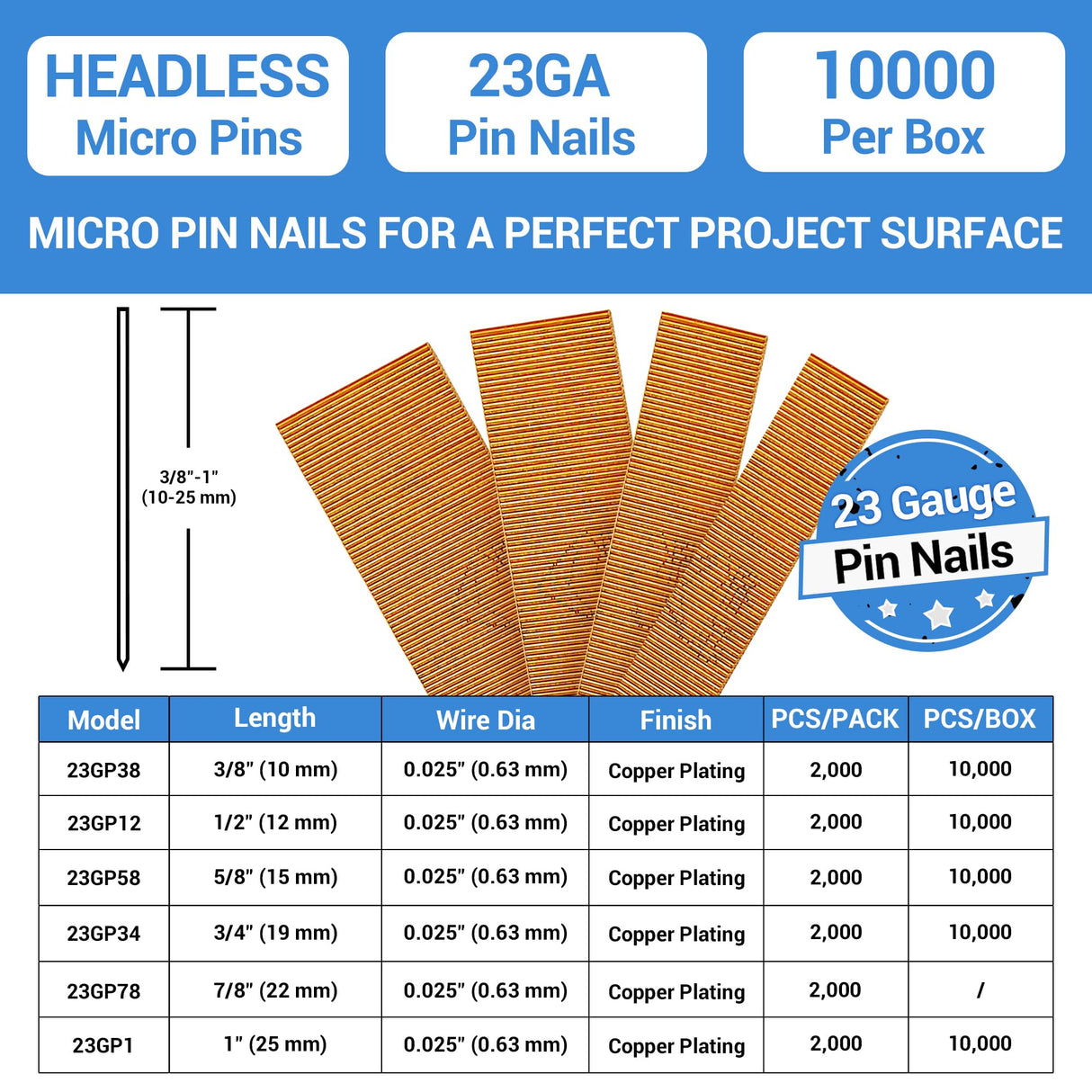 meite 23 Gauge Pin Nails, 1-Inch Micro Headless Pins for Pin Nailer - Copper Plated Pins Nails for Nail Gun, Ideal for Fine Woodworking and Trim Work (10,000 PCS) meite