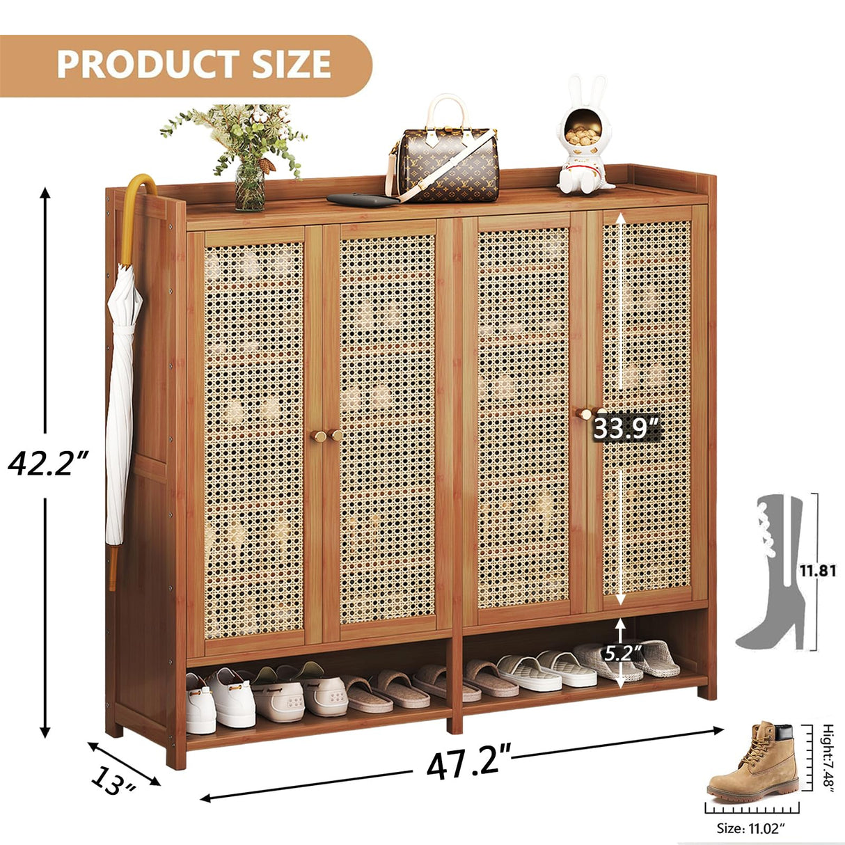 Bamboo Shoe Storage Cabinet with Doors, 8 Tier Freestanding Shoes Heels Sneakers Shoe Rack Shelf for 36-40 Pairs, Entryway Shoe Cabinet with Drawers for Hallway Living Room (Brown-01, 8th floor) sasygfi