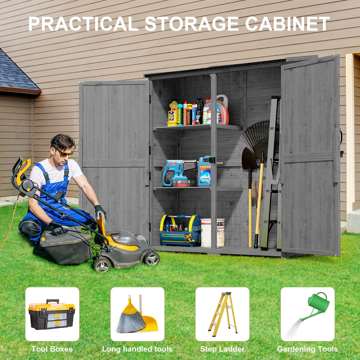 Gizoon Outdoor Storage Cabinet with Waterproof Roof, Double Lockable Doors Garden Shed with 2 Removable Shelves, Wooden Storage Shed with Large Storage Space for Patio, Garden, Backyard, Lawn, Grey Gizoon