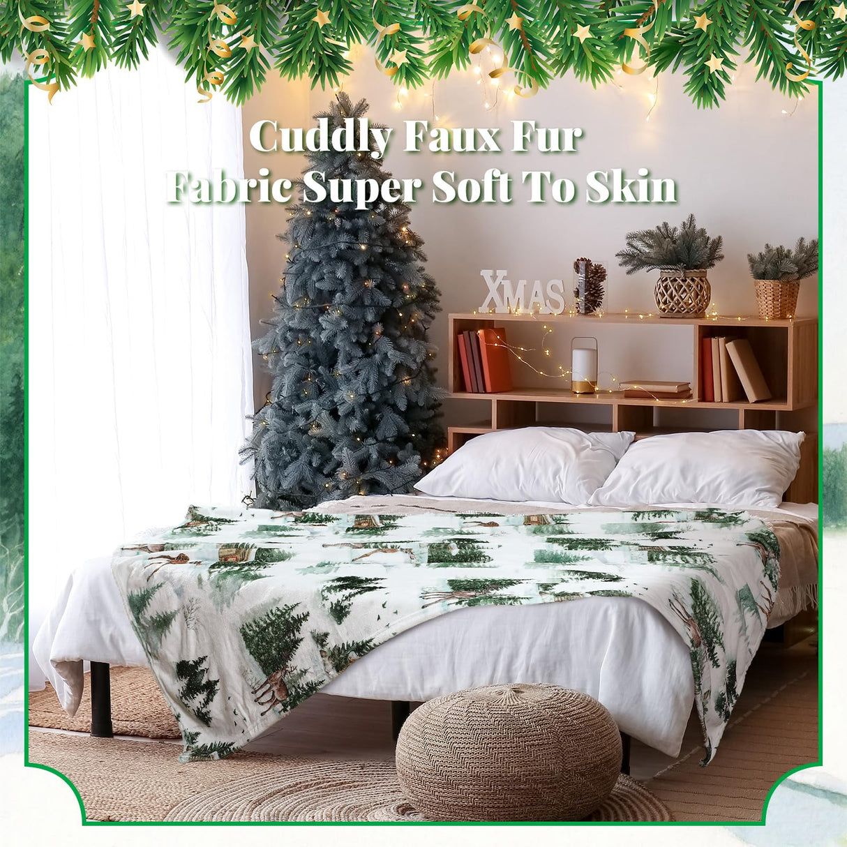 Breling Christmas Throw Flannel Blanket Winter Elk Cozy Fuzzy Warm Throw Blanket with Holiday Themed Print Christmas Gift for Winter Couch Sofa Bed Home Decor 60"x50" Breling