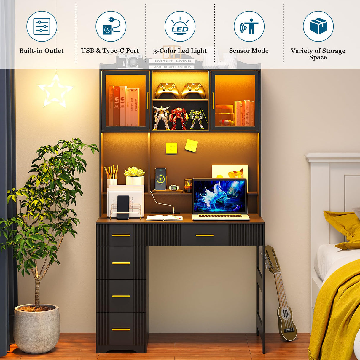 WOOVIVS LED Study Desk with Hutch and Drawer, Home Office Desk with Outlet, Computer Desk with Charging Station, Writing Desk for Bedroom, Workstation for Small Space (Black) WOOVIVS