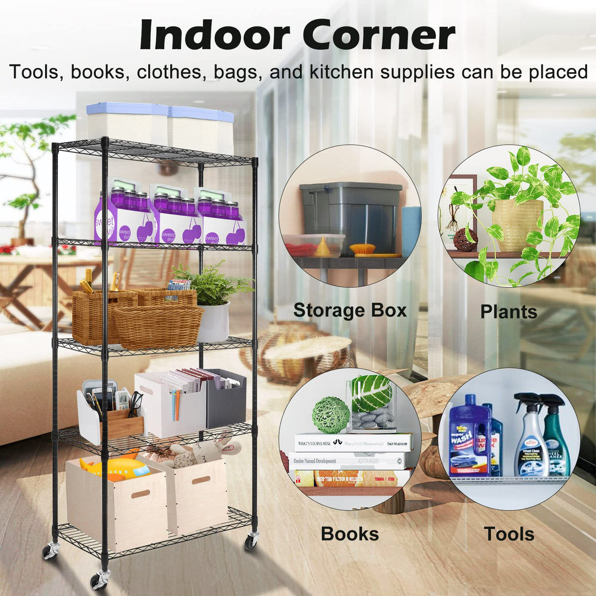 WDT 5 Tier Shelf Shelving Unit with Wheels,Adjustable Metal Shelves for Storage, NSF Wire Shelving Rack,350lbs Loading Capacity Per Shelf Storage Shelves for Kitchen Garage, 36" D x 16" W x 75" H WDT