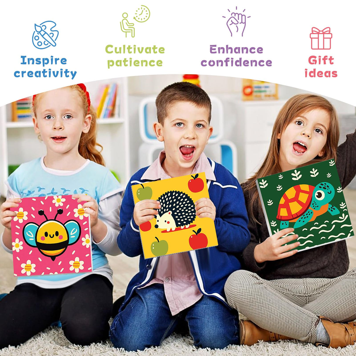 Framed 4 Pack Paint by Numbers Kit for Kids, Cartoon Paint by Number for Kids Ages 4-8 Easy Cute Animal Kids Paint by Number Kits Age 8-12, DIY Acrylic Oil Painting by Numbers for Kids 8x8 Inch Fountor