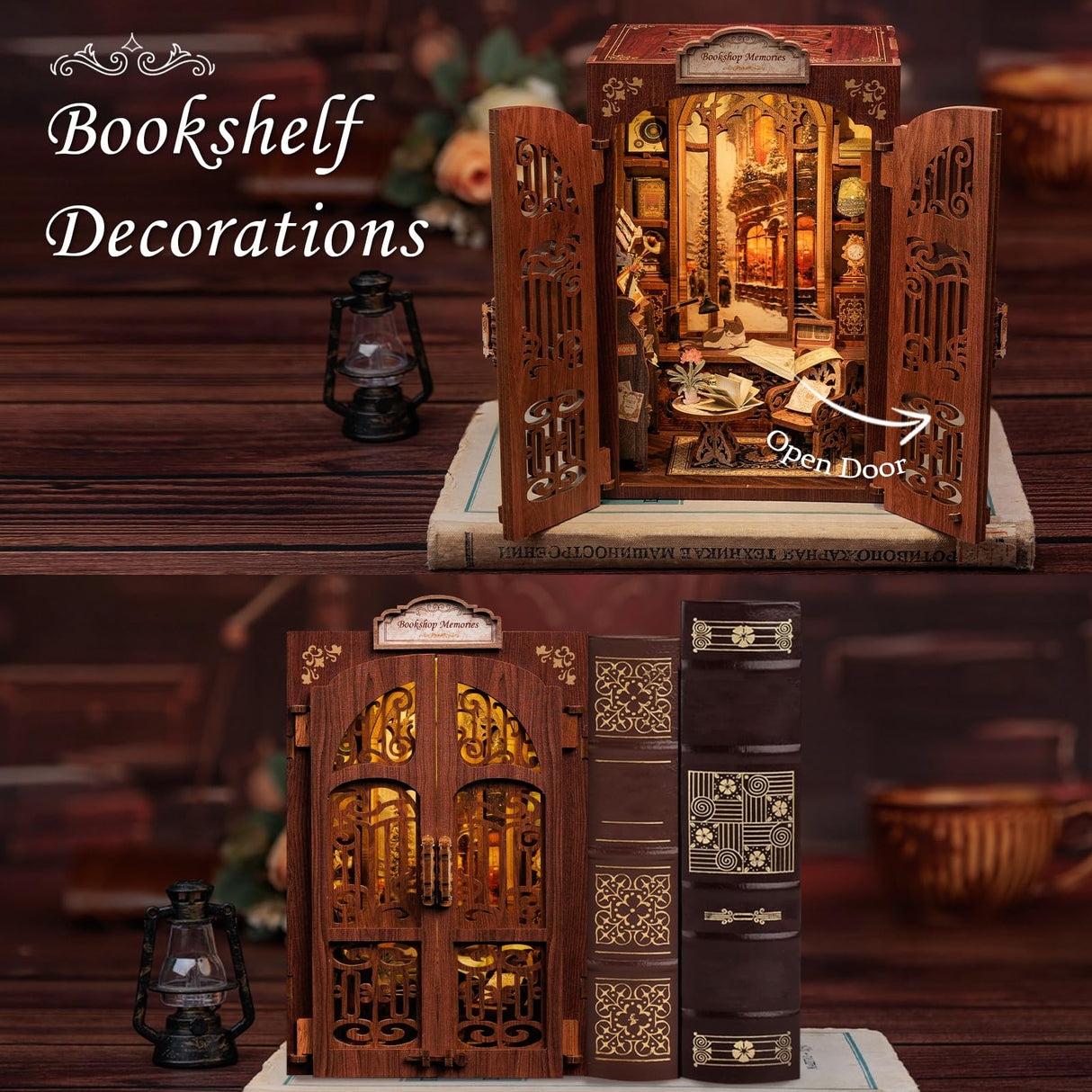 CUTEBEE DIY Book Nook Kit for Adults and Teens, DIY Wooden Miniature Tiny House Dollhouse Kit Bookshelf Booknook Bookcase Model Build Gift Kit Decor Alley with LED Light CUTEBEE