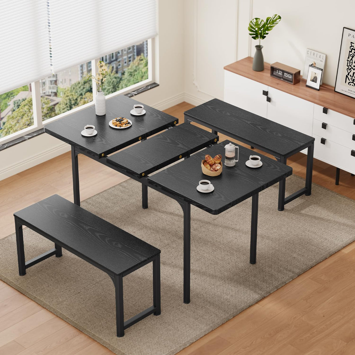 Gizoon Extendable Dining Table Set for 4,Kitchen Table Set with 2 Benches for Small Space,Apartment,Black Gizoon